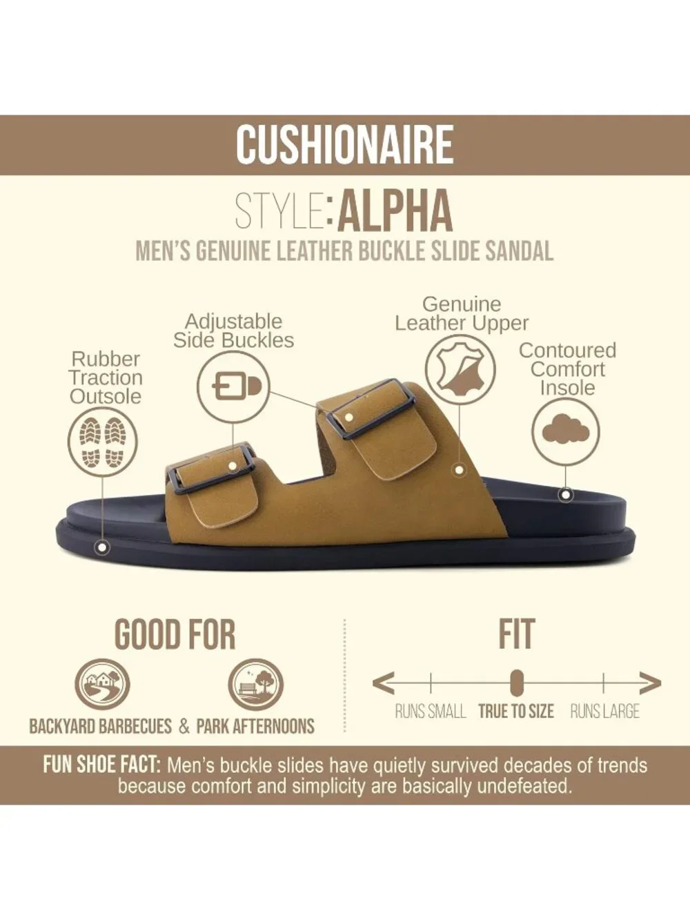 Men's Camel Alpha Leather Sandals Casual Slip On Flat Adjustable Buckles